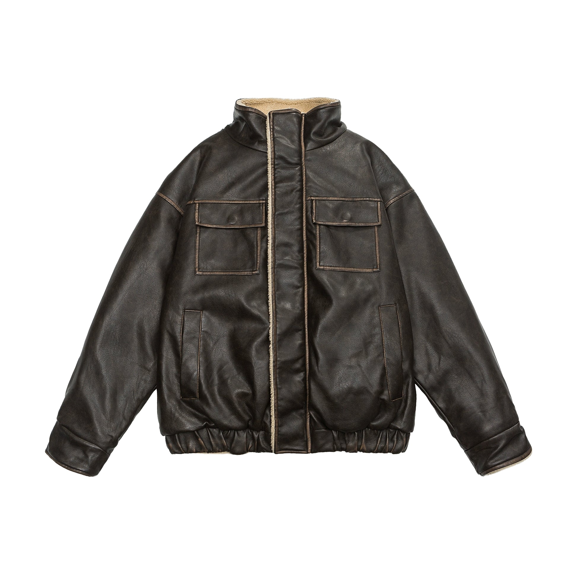 Faux Leather Fleece-Lined Bomber Jacket