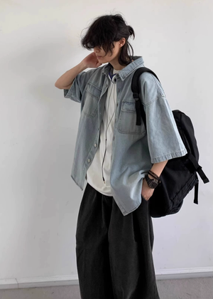 Haru Washed Denim Short-Sleeve Shirt