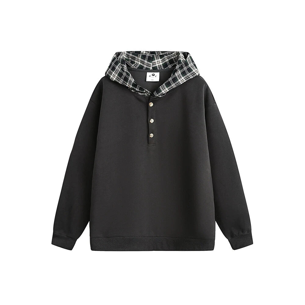 Plaid-Lined Henley Hoodie
