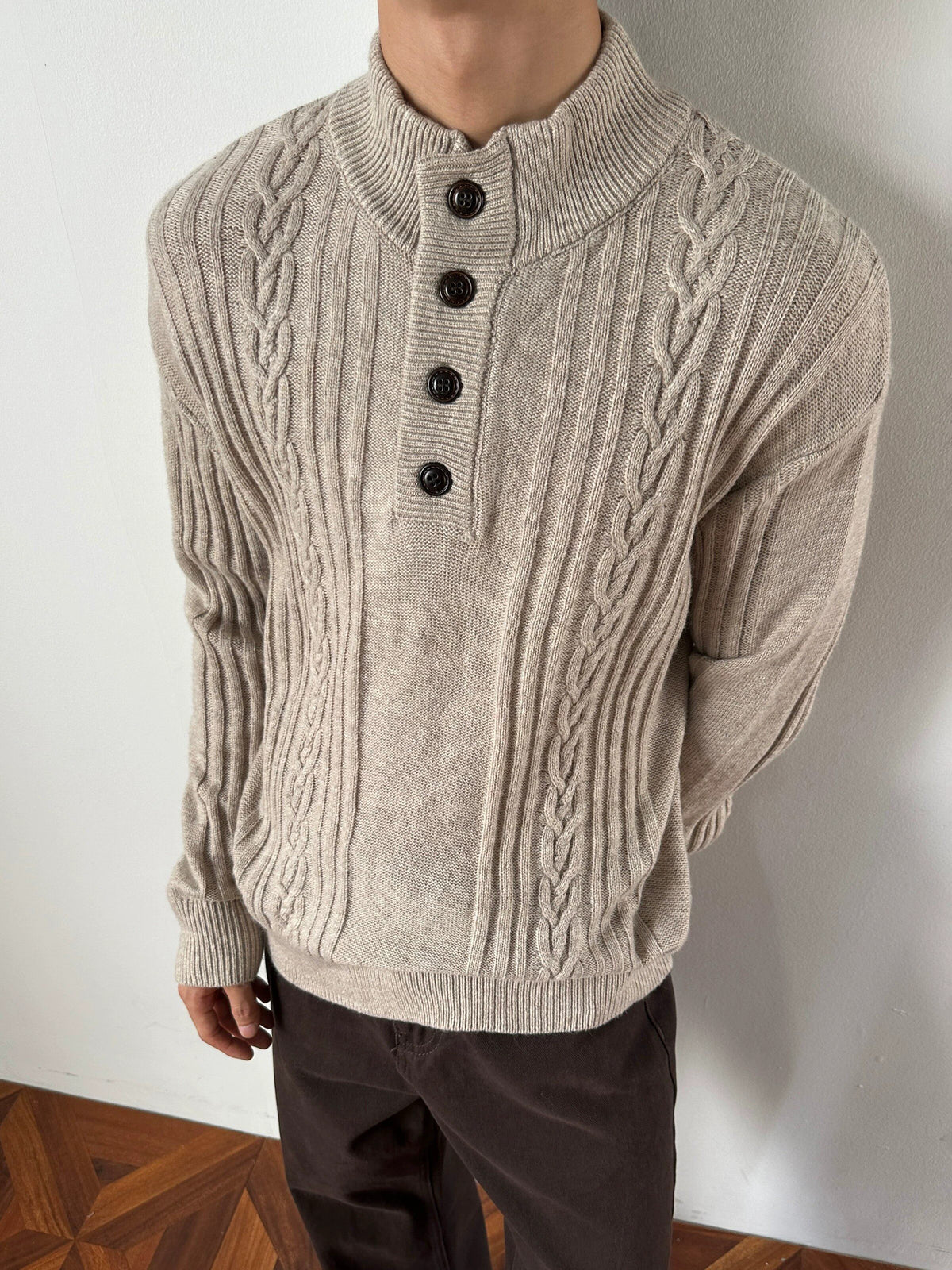 Alden Cable-Knit Button Neck Sweater