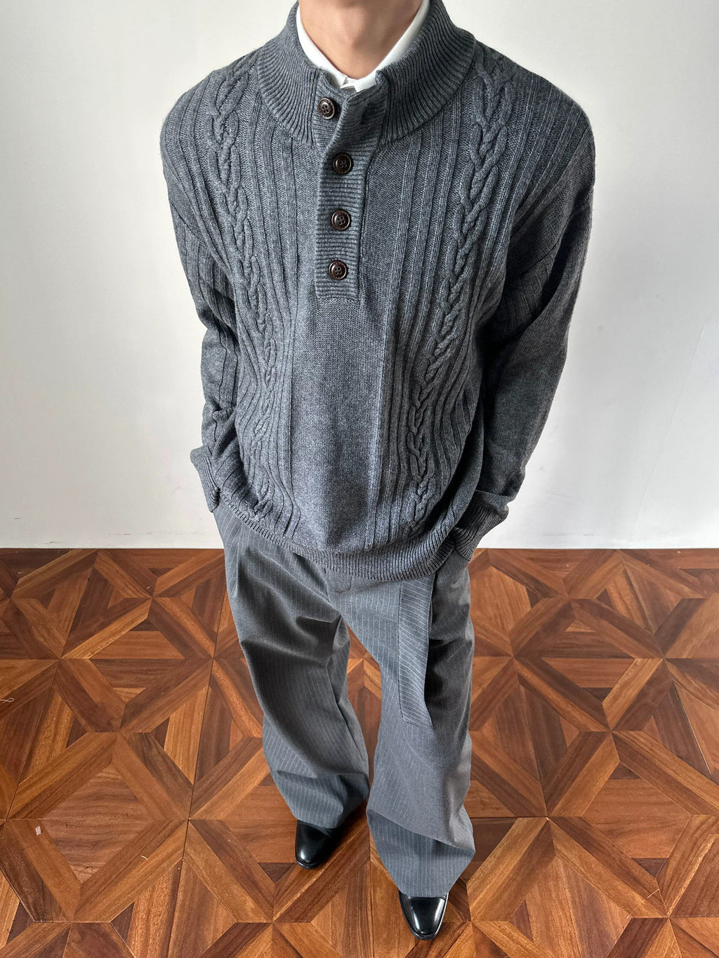 Alden Cable-Knit Button Neck Sweater