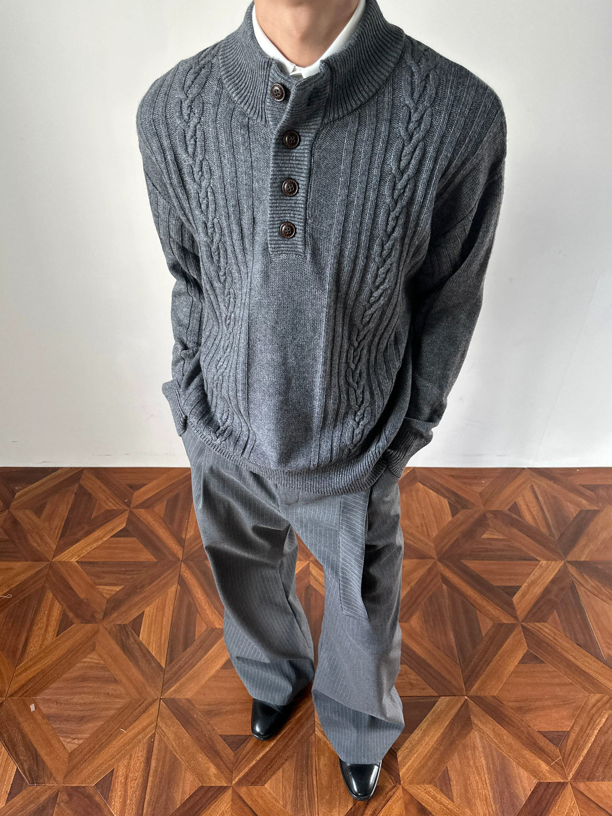 Alden Cable-Knit Button Neck Sweater