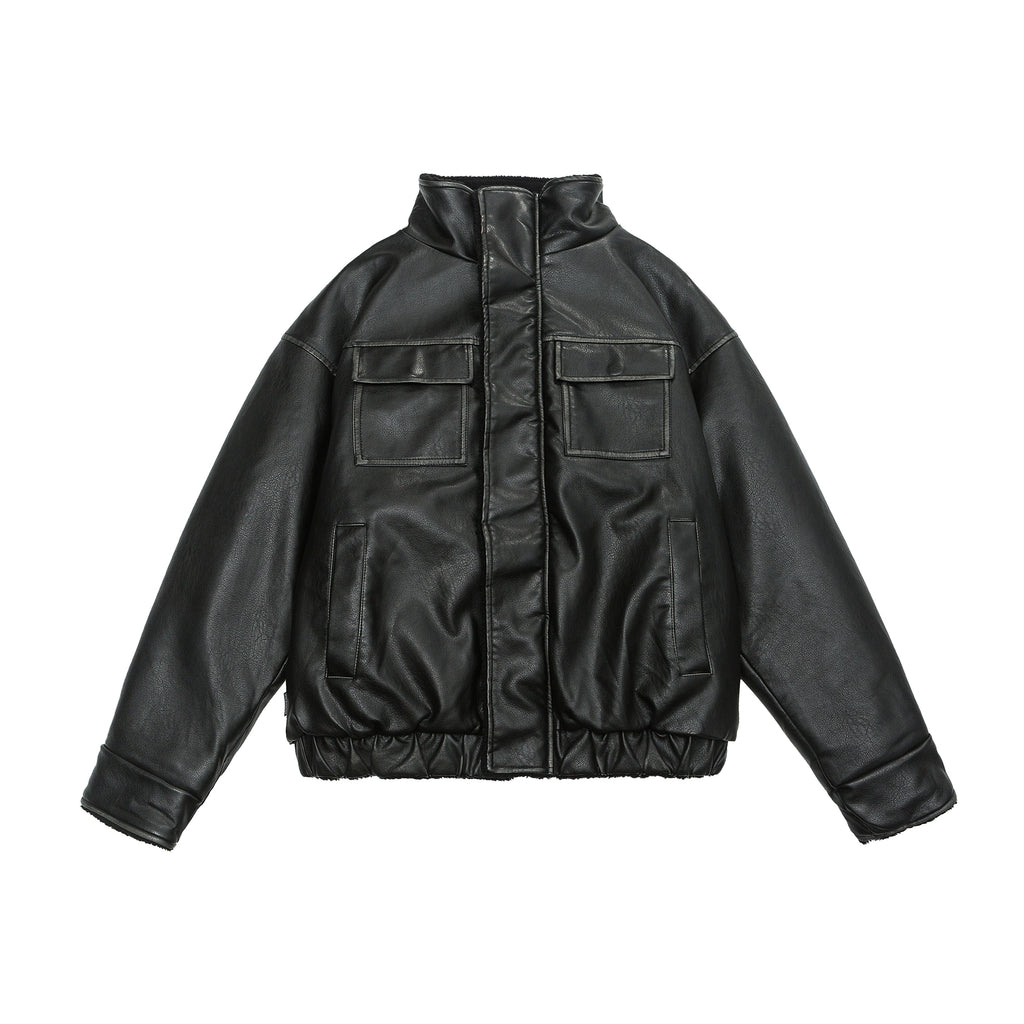 Faux Leather Fleece-Lined Bomber Jacket