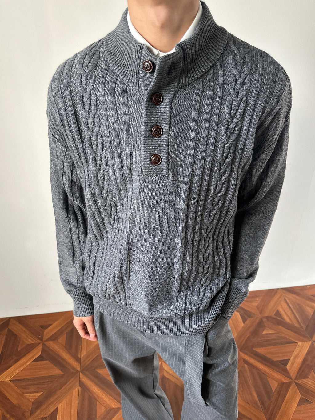 Alden Cable-Knit Button Neck Sweater