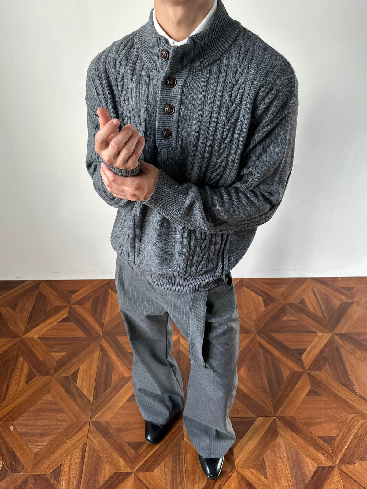 Alden Cable-Knit Button Neck Sweater