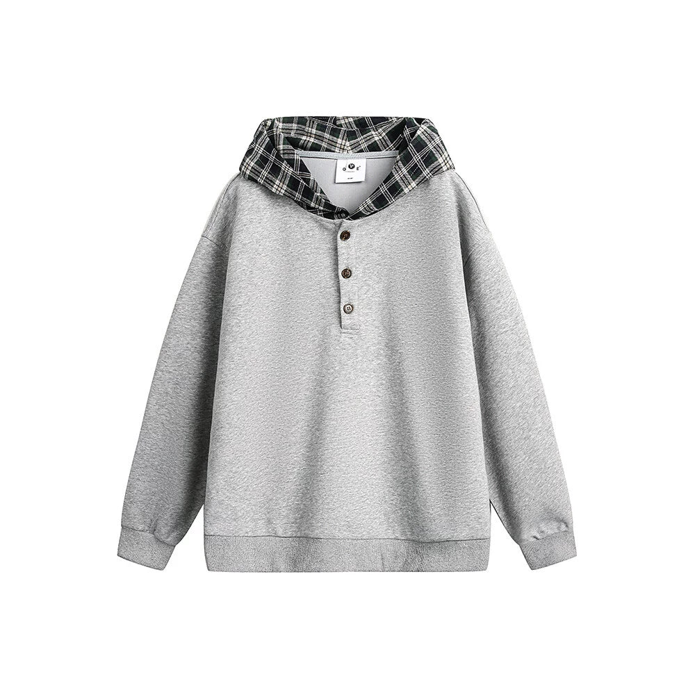 Plaid-Lined Henley Hoodie