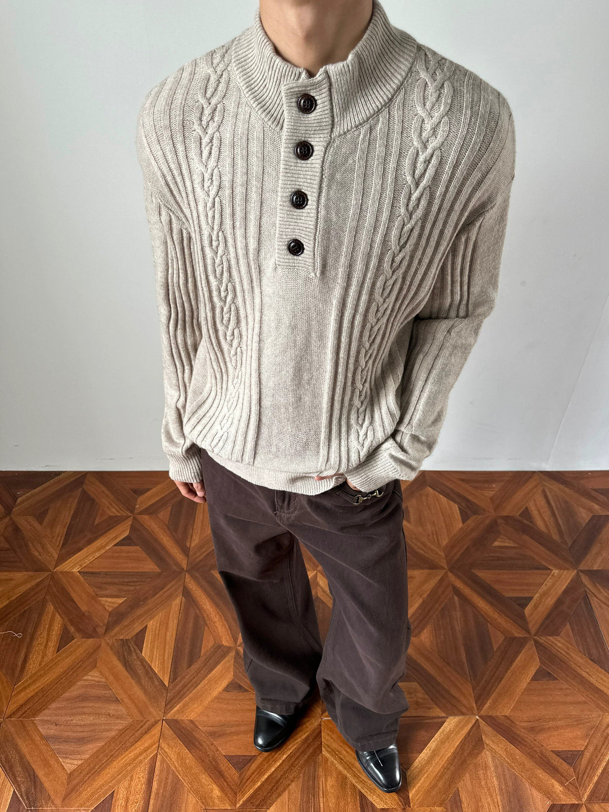 Alden Cable-Knit Button Neck Sweater