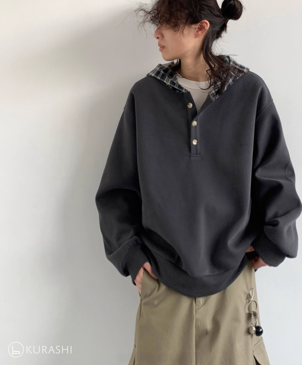 Plaid-Lined Henley Hoodie