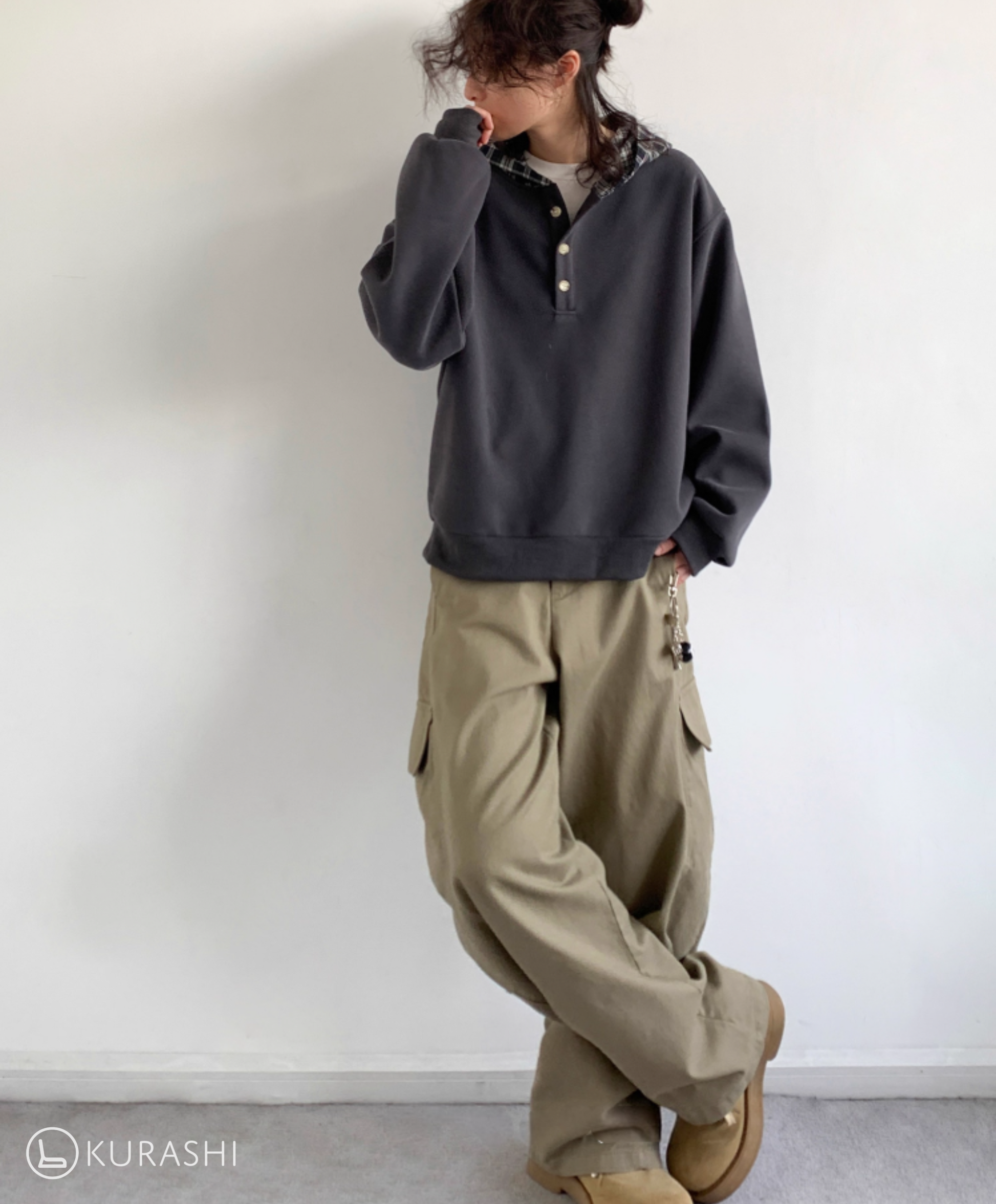 Plaid-Lined Henley Hoodie
