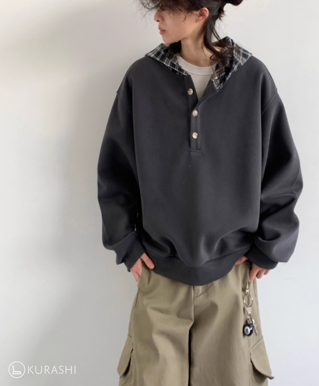 Plaid-Lined Henley Hoodie