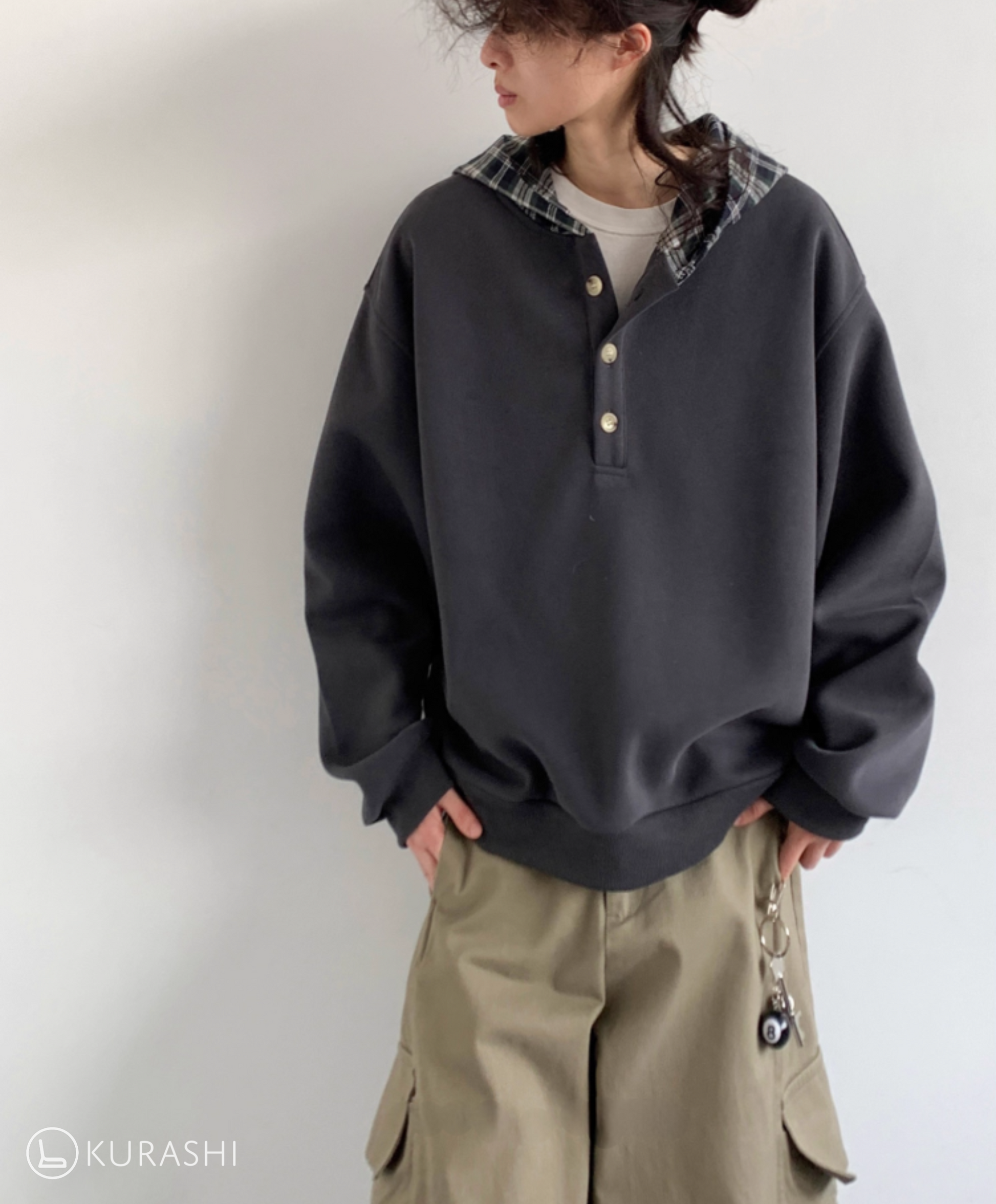 Plaid-Lined Henley Hoodie