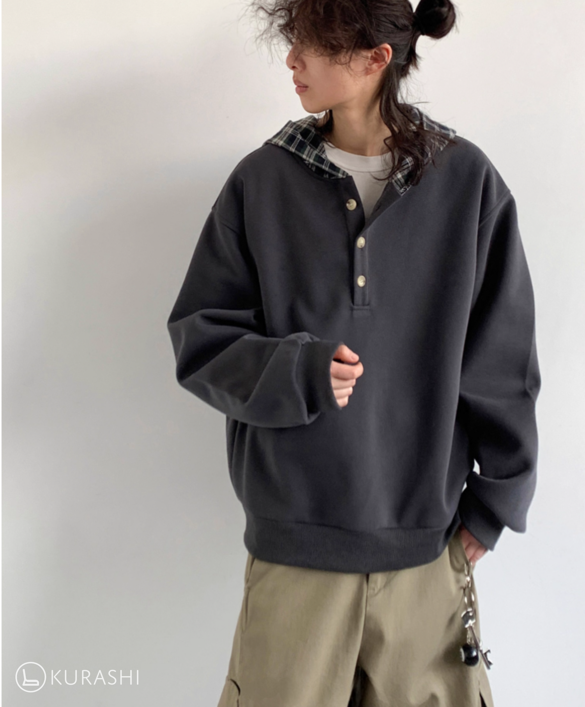 Plaid-Lined Henley Hoodie