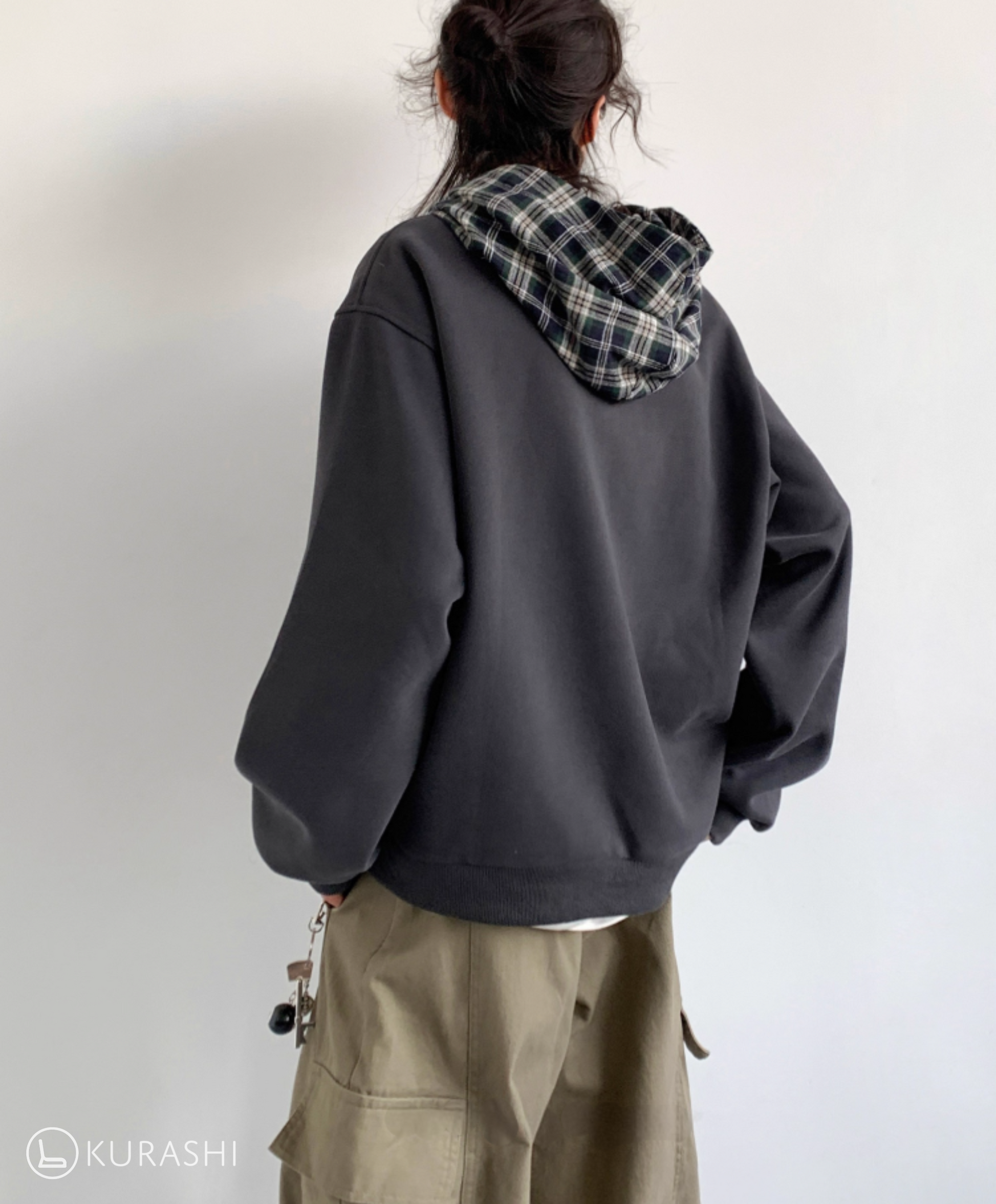 Plaid-Lined Henley Hoodie