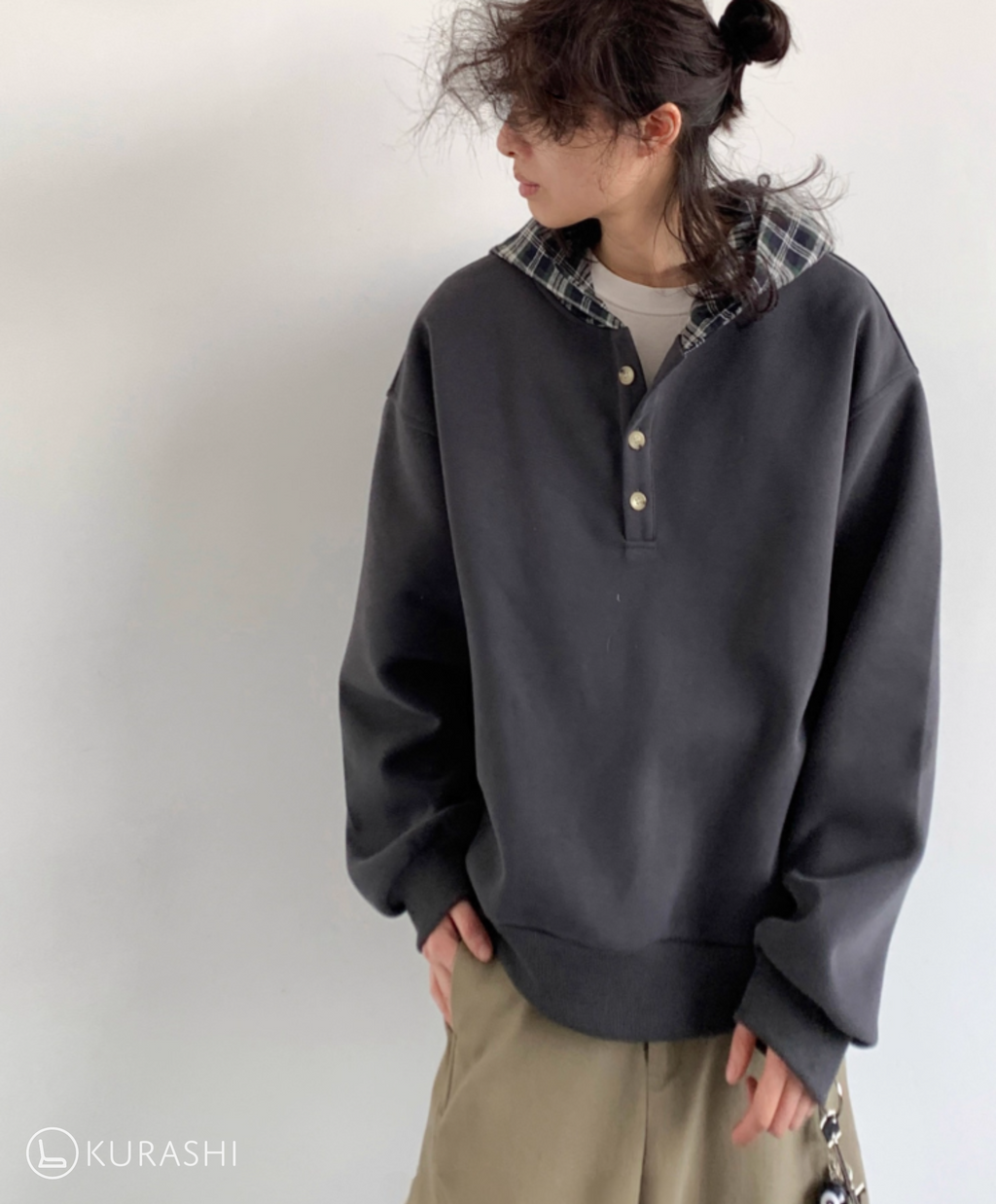 Plaid-Lined Henley Hoodie