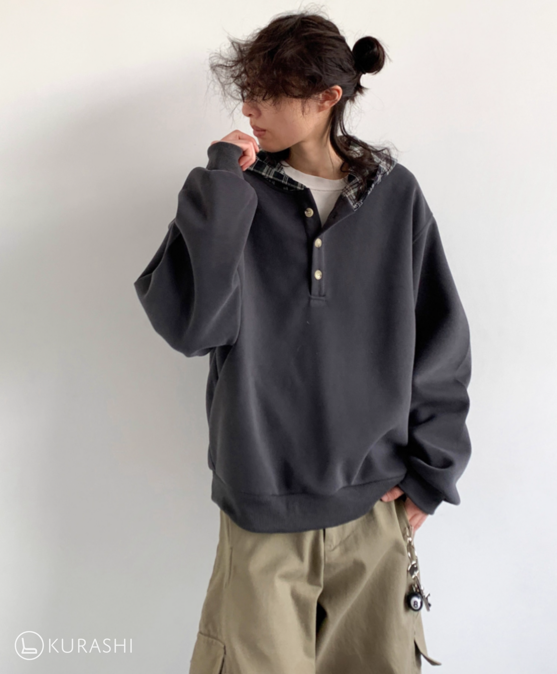 Plaid-Lined Henley Hoodie