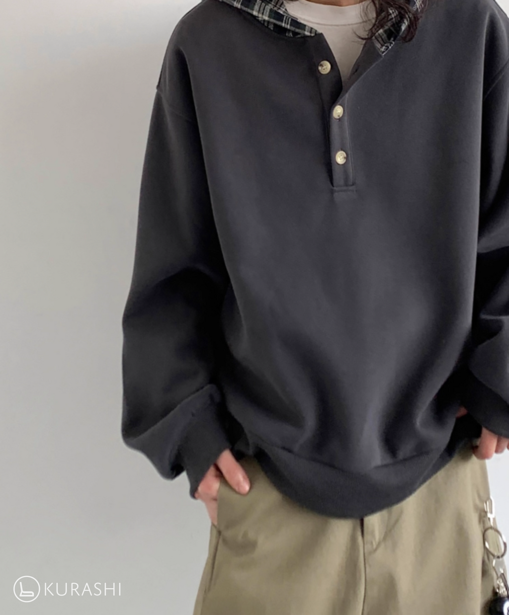 Plaid-Lined Henley Hoodie