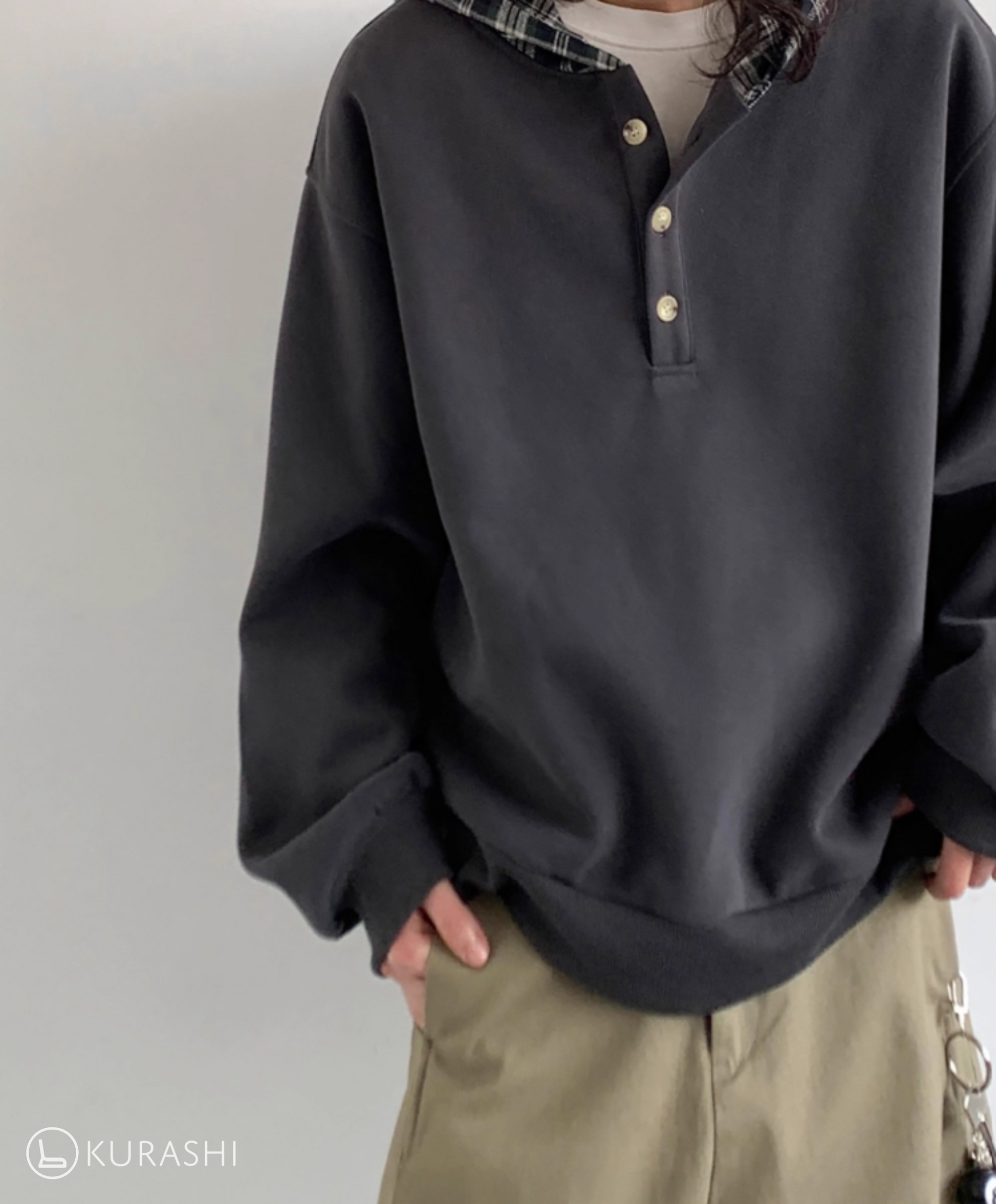 Plaid-Lined Henley Hoodie