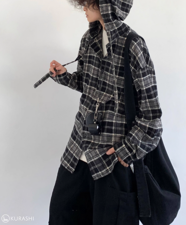 Hikage Hooded Plaid Pullover Shirt