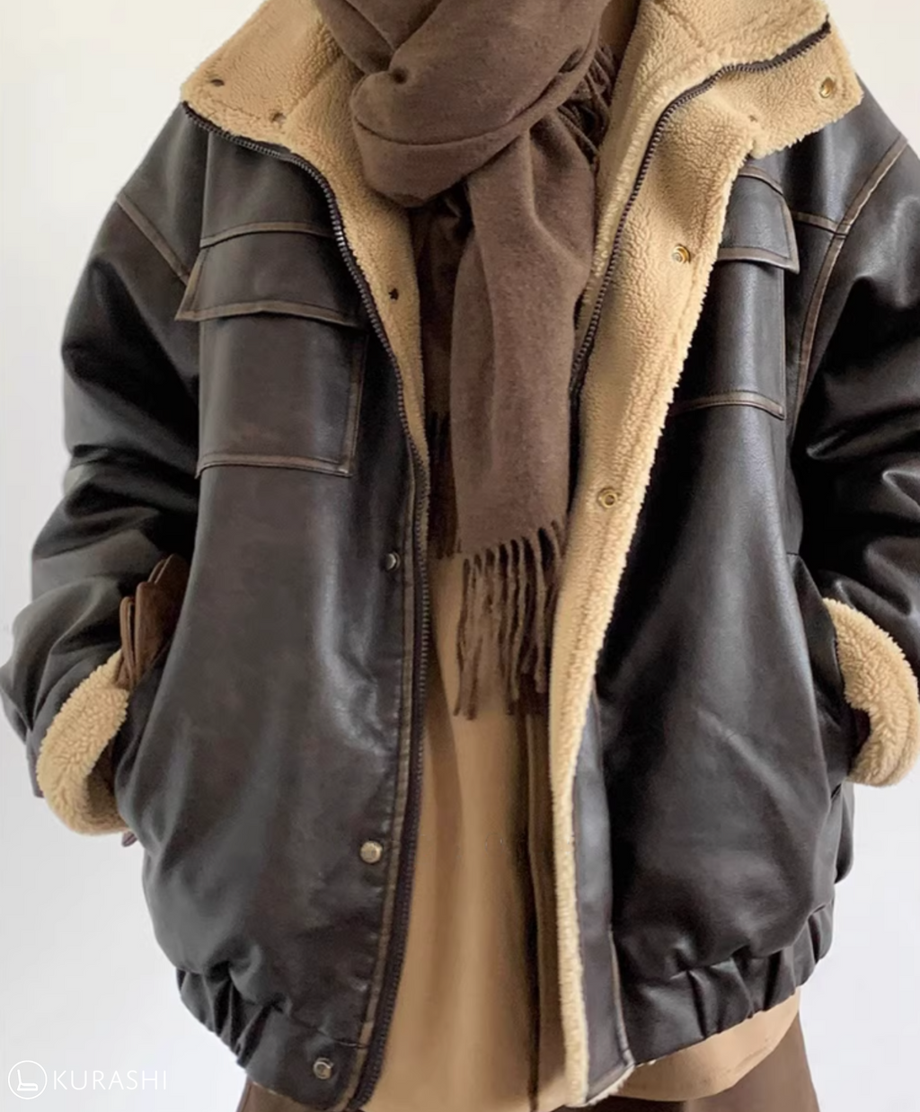 Faux Leather Fleece-Lined Bomber Jacket