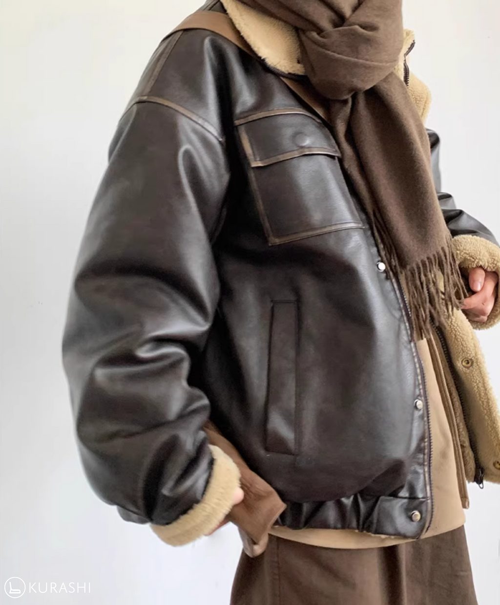 Faux Leather Fleece-Lined Bomber Jacket