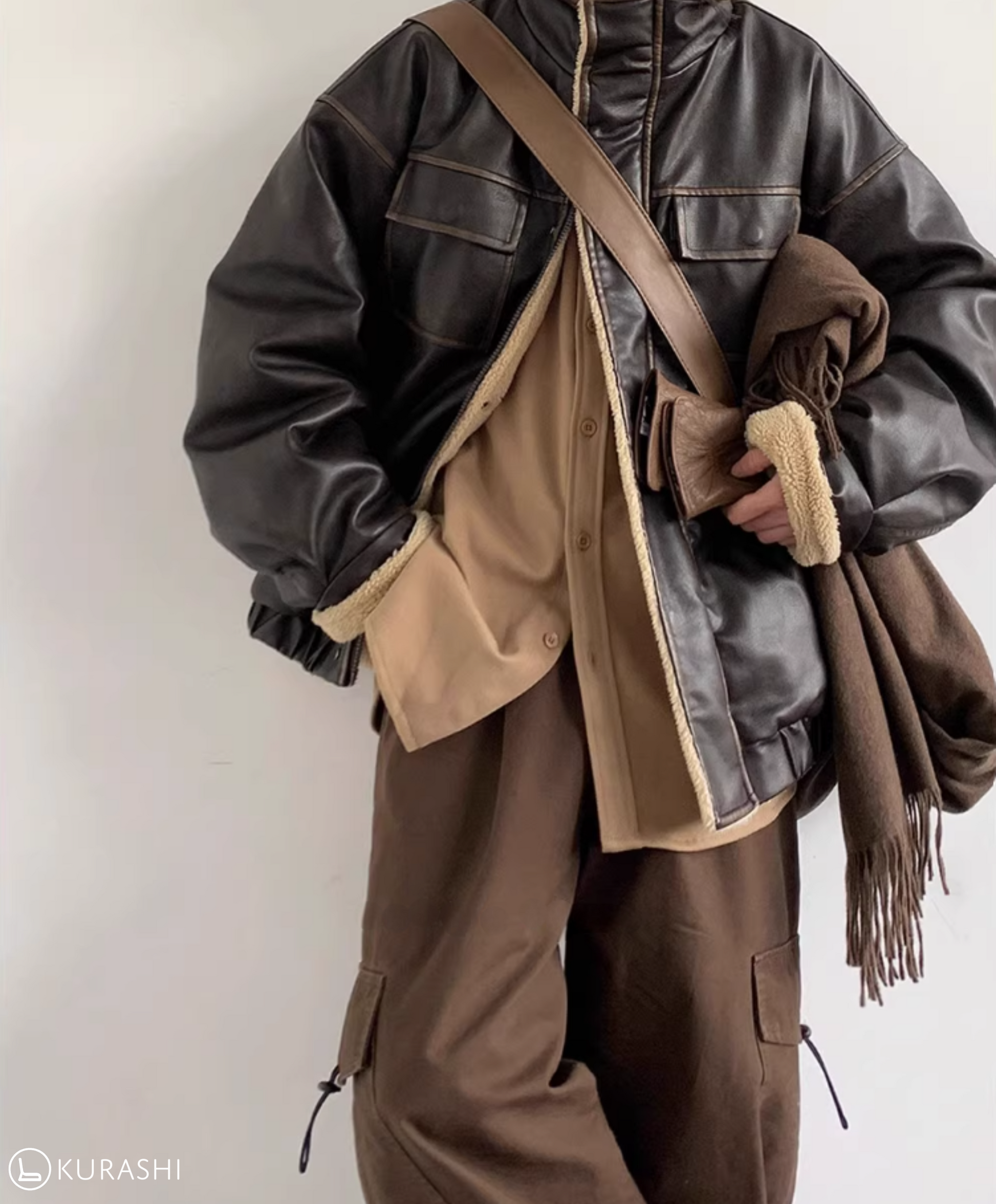 Faux Leather Fleece-Lined Bomber Jacket