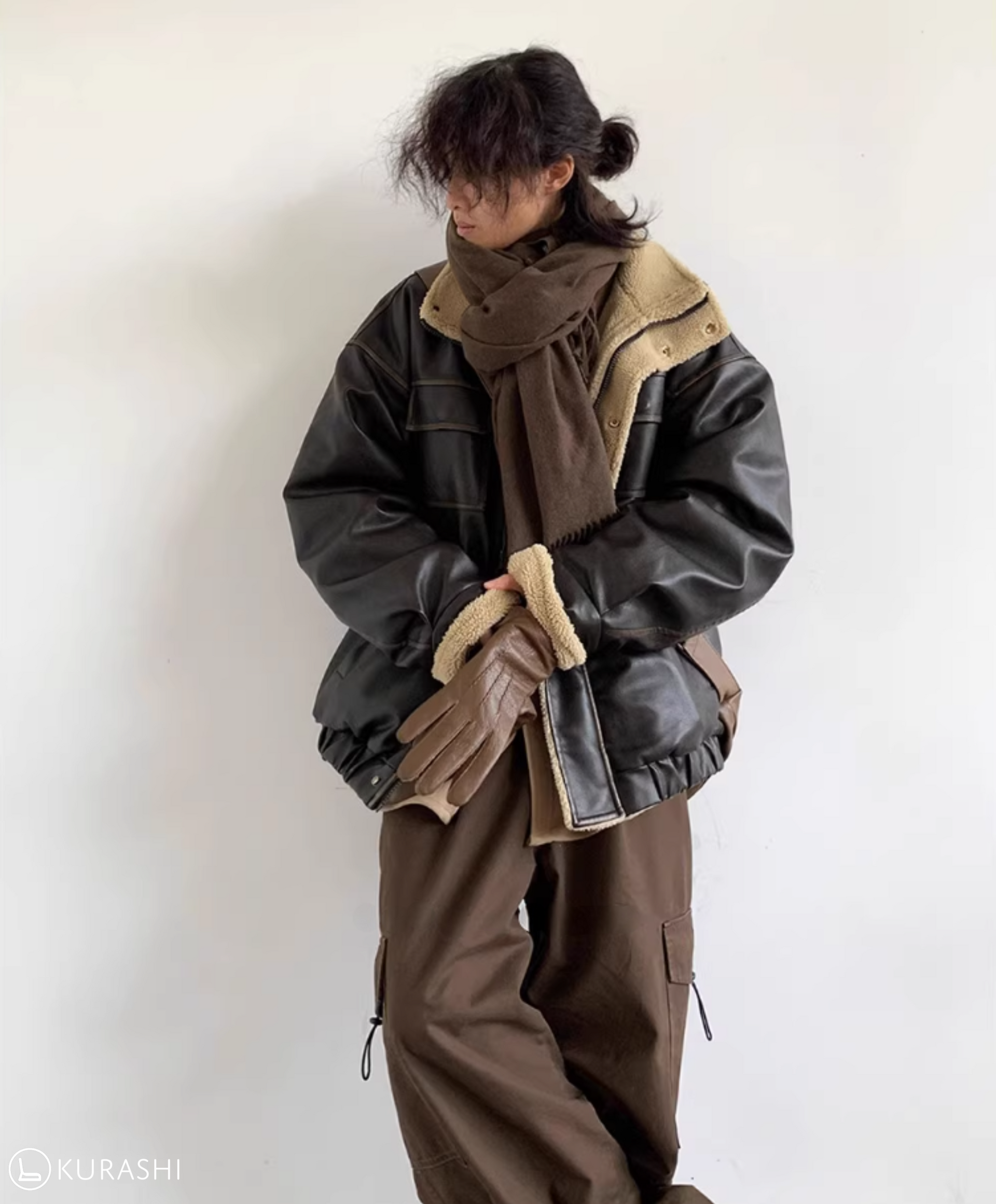 Faux Leather Fleece-Lined Bomber Jacket – Kurashi Living