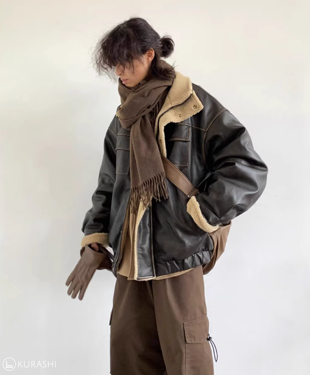 Faux Leather Fleece-Lined Bomber Jacket