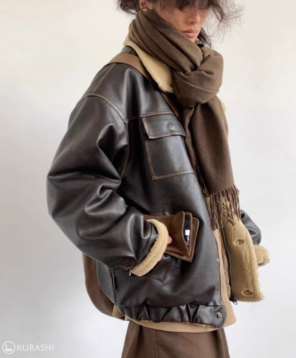 Faux Leather Fleece-Lined Bomber Jacket