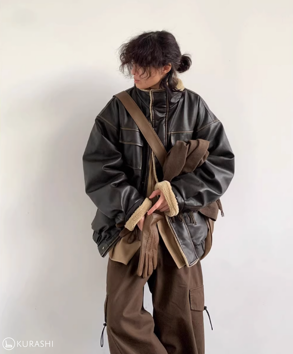 Faux Leather Fleece-Lined Bomber Jacket