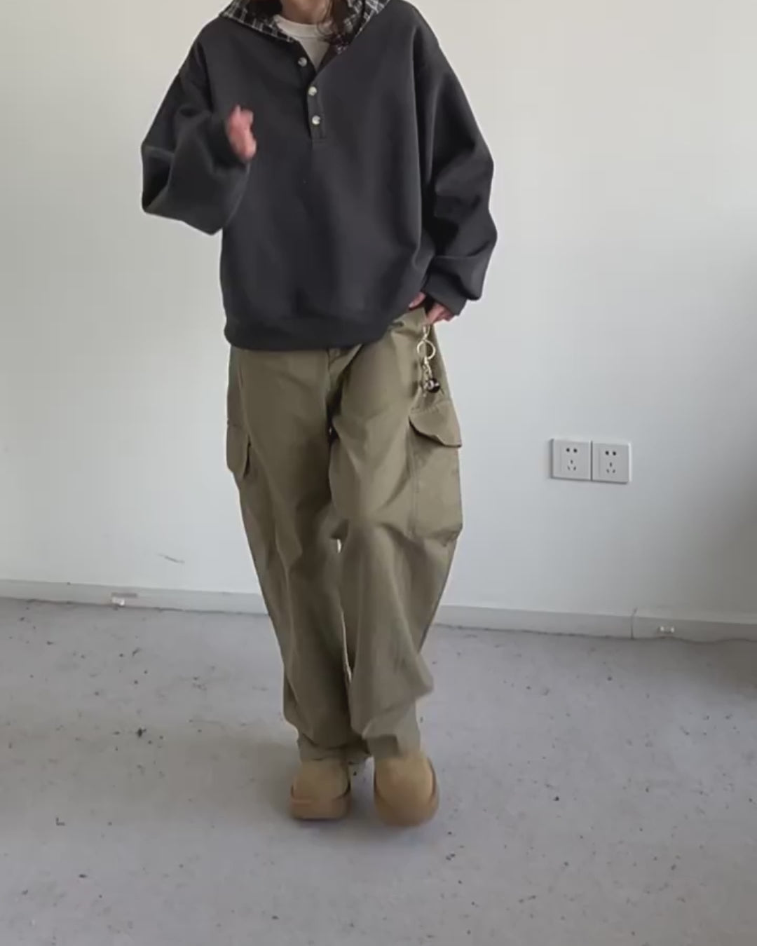 Plaid-Lined Henley Hoodie